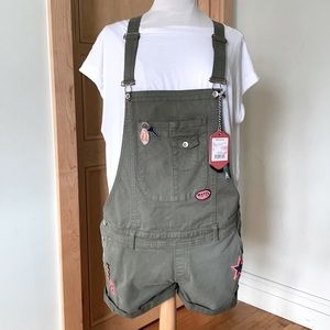 NWT Miss America Khaki Green Pocket Front Overalls Shorts Romper, Size XL